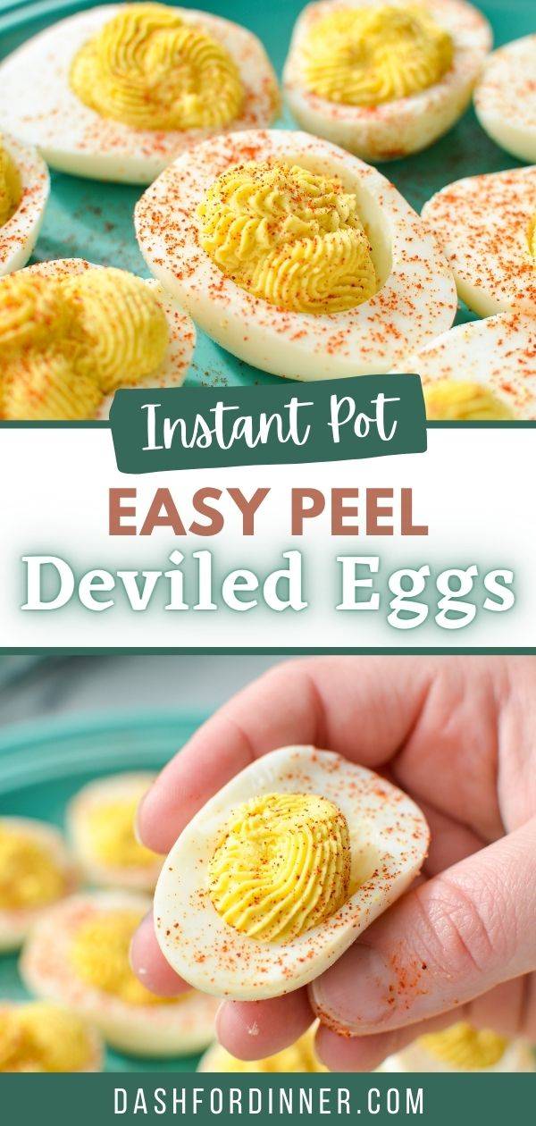 A hand holding a single deviled egg. The text overlay reads: Instant Pot Easy Peel Deviled Eggs. 