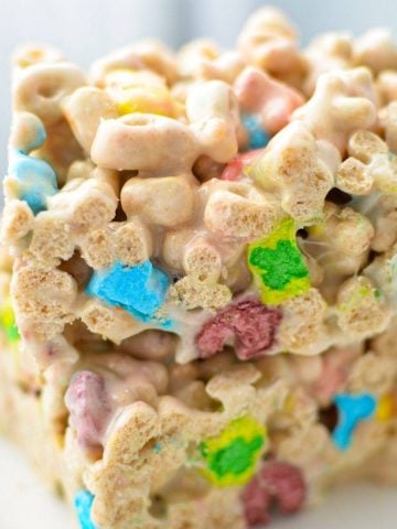Two lucky charms treats stacked on top of one another.
