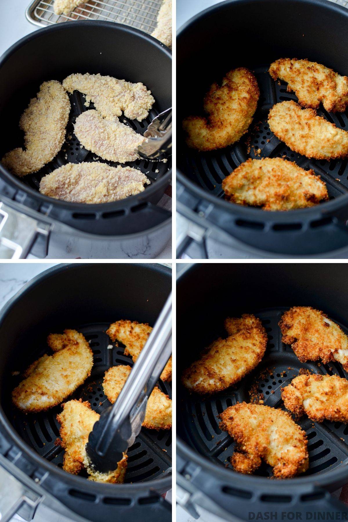 Adding breaded chicken tenders to an air fryer basket to cook.