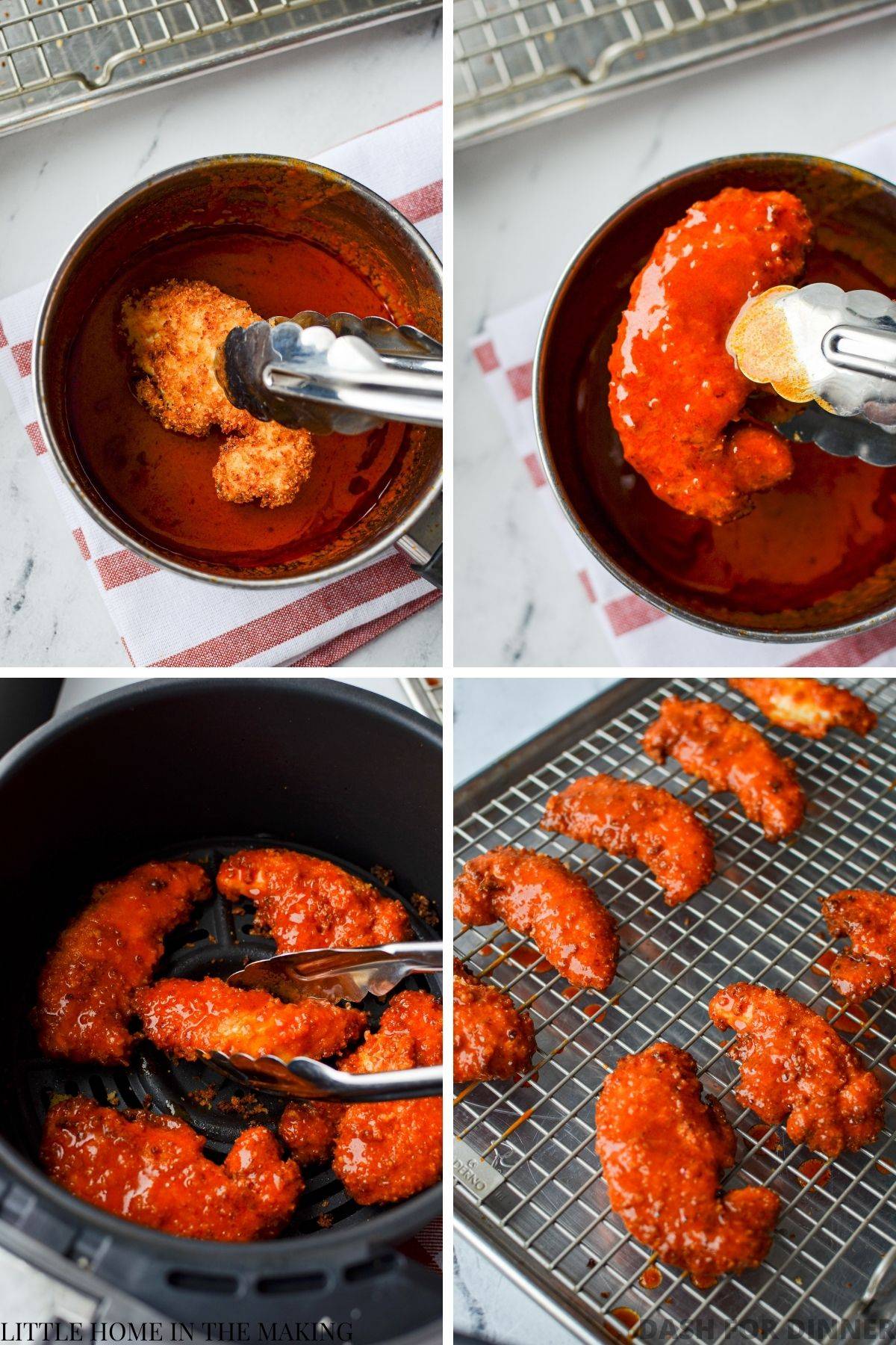 Coating air fried chicken tenders in a homemade buffalo sauce.