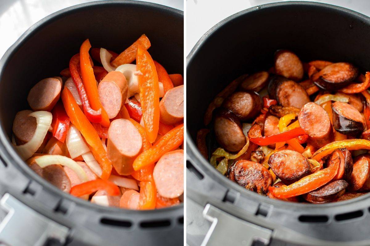 Cooking sausage and peppers in an air fryer basket.