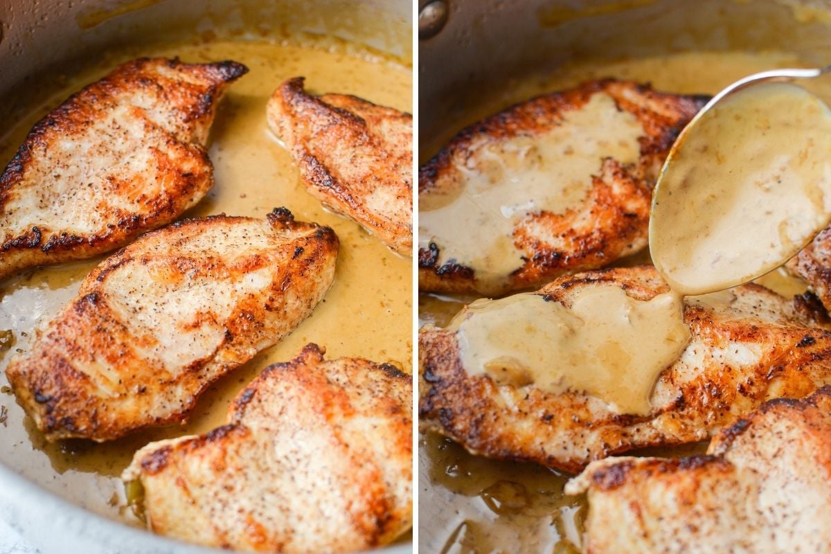 Adding chicken breasts back to a skillet to coat with sauce.