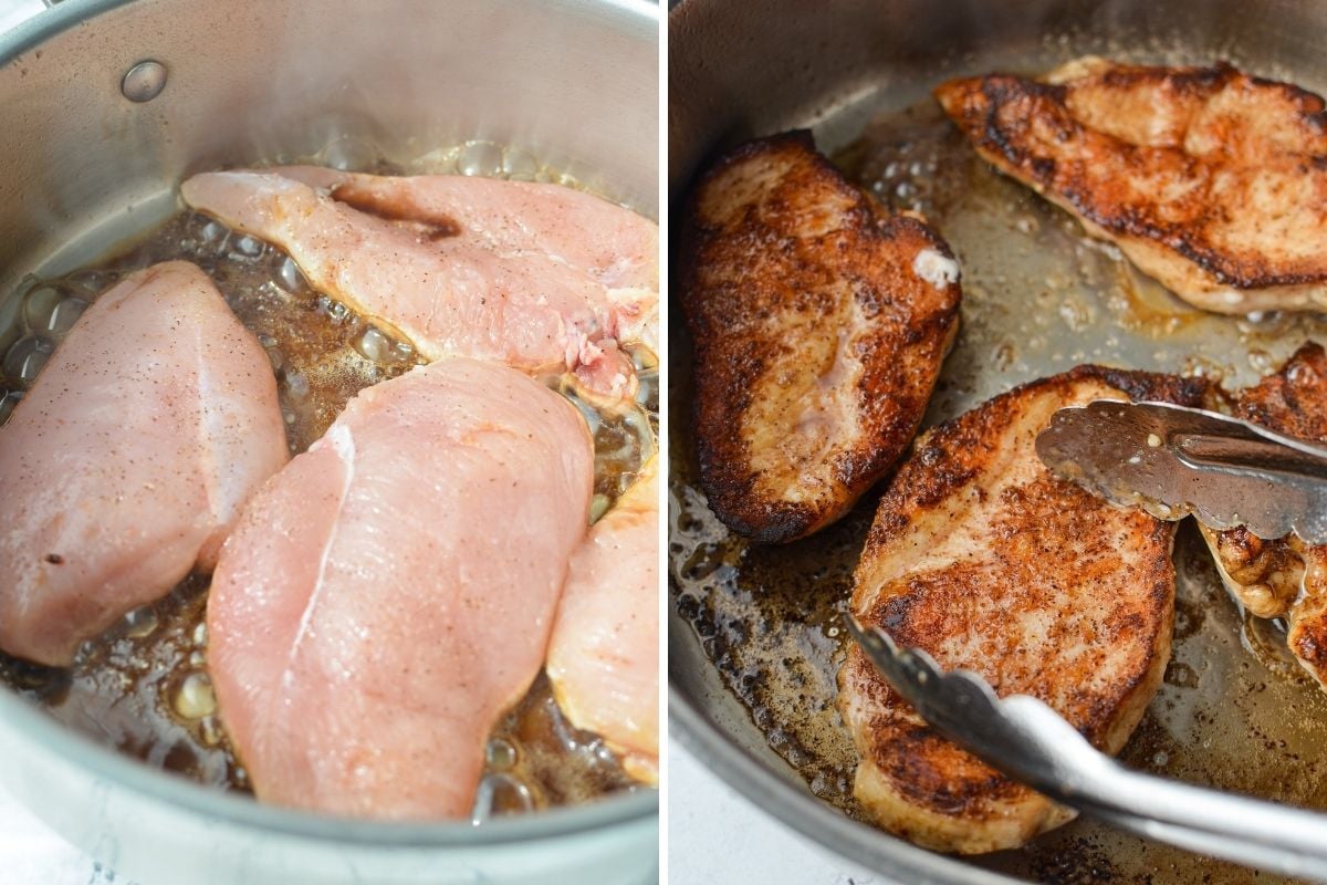 Browning chicken breasts in a hot skillet.