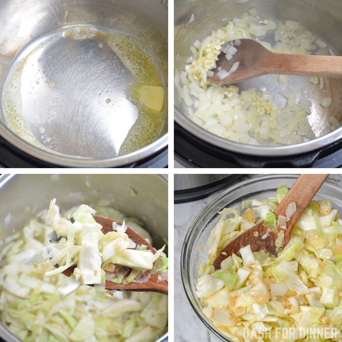 Melting butter in the Instant Pot and adding onion and cabbage to soften.
