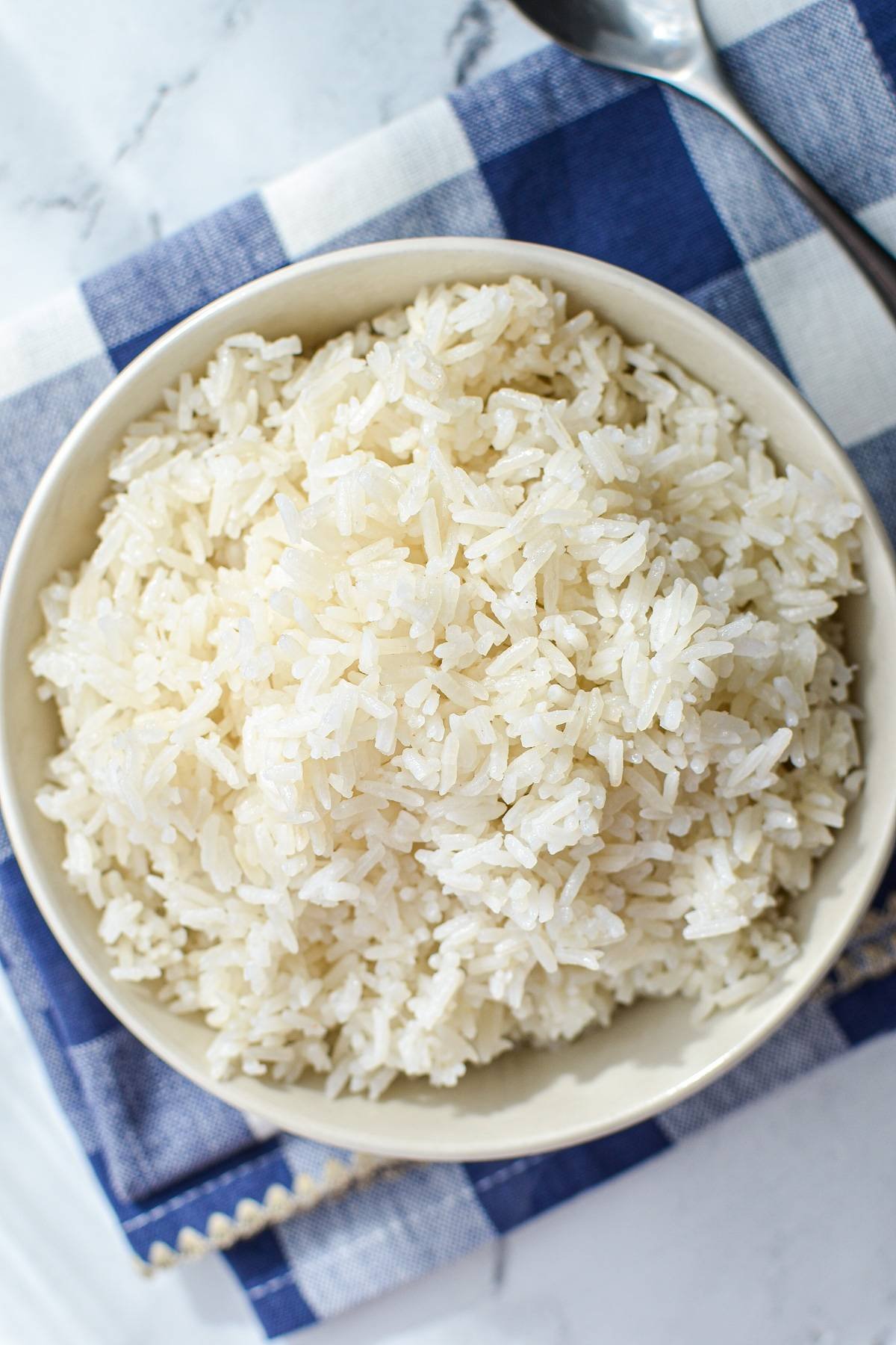 A bowl of white rice on a blue check napkin.