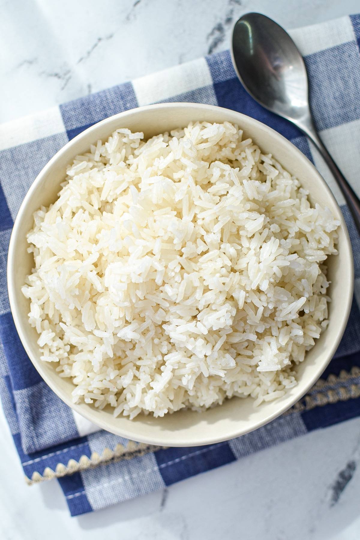 A bowl of white rice on a blue check napkin, with a spoon on the side.