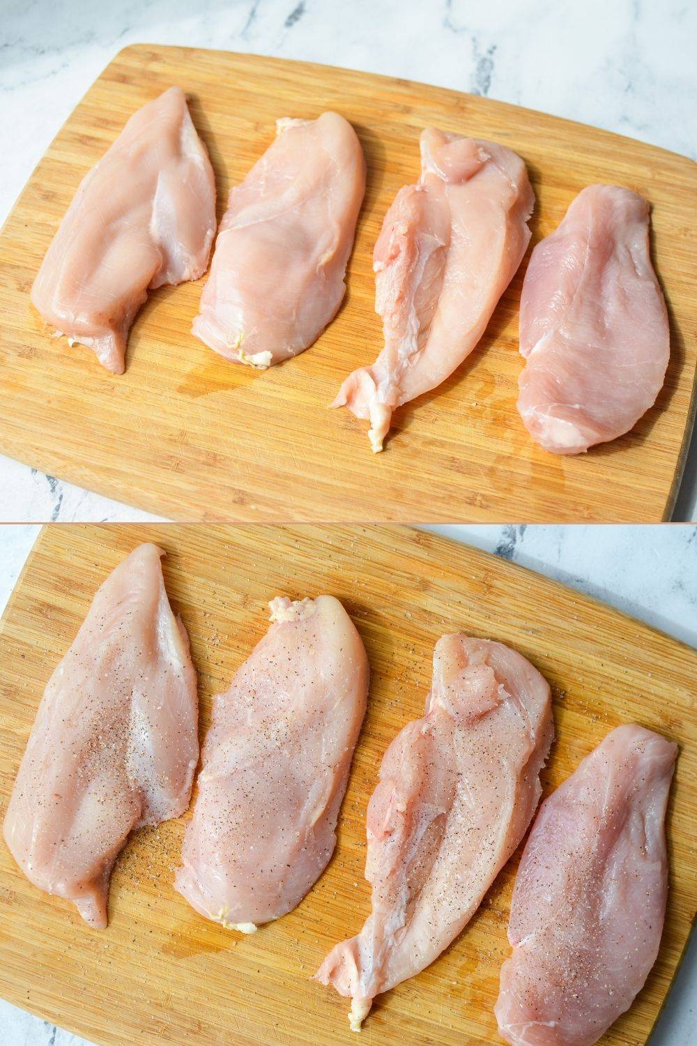 Chicken breast being sliced in half through the middle and sprinkled with salt and pepper.