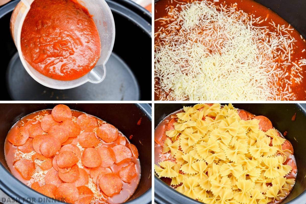 Adding marinara, cheese, pepperoni, and pasta sauce to a slow cooker.