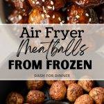 An air fryer basket with cooked meatballs inside.