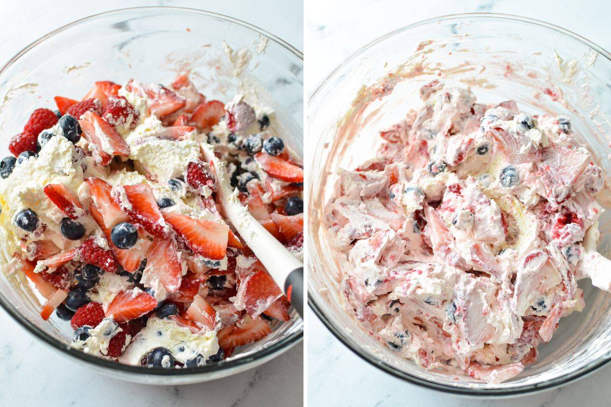Folding fresh berries into a cream cheese and whipped topping mixture.