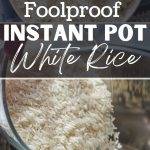 A bowl of fluffy white rice, with a second frame of rice being poured into an Instant Pot.