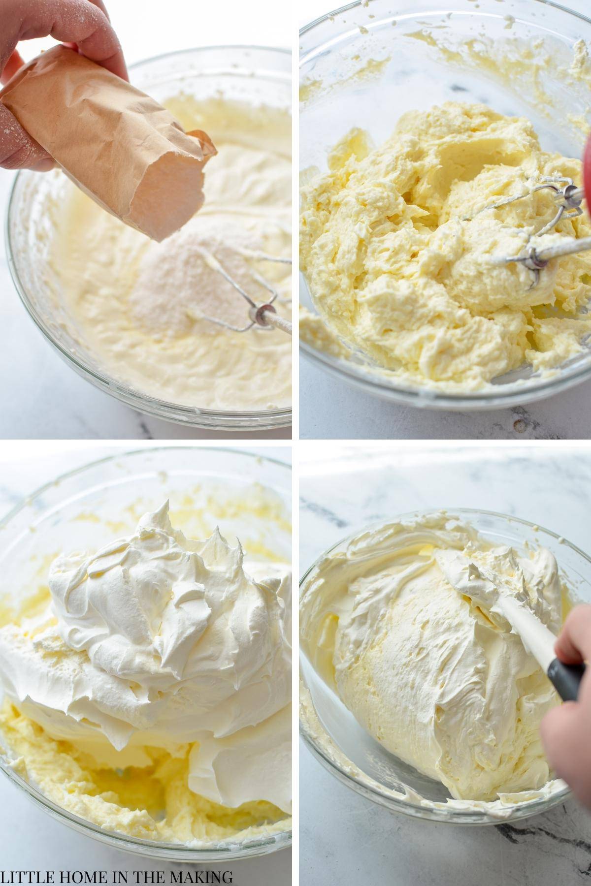 Adding pudding mix and cool whip to a cheesecake base.