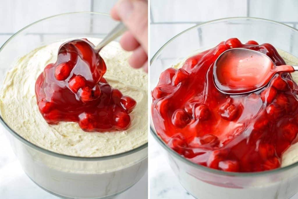 Adding pie filling on top of a no bake dessert.