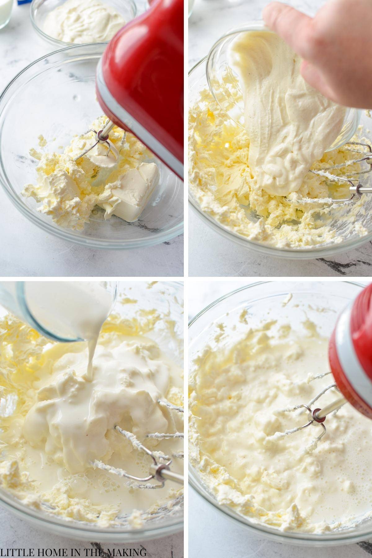 Whipping cream cheese with yogurt and milk to make a cheesecake base.