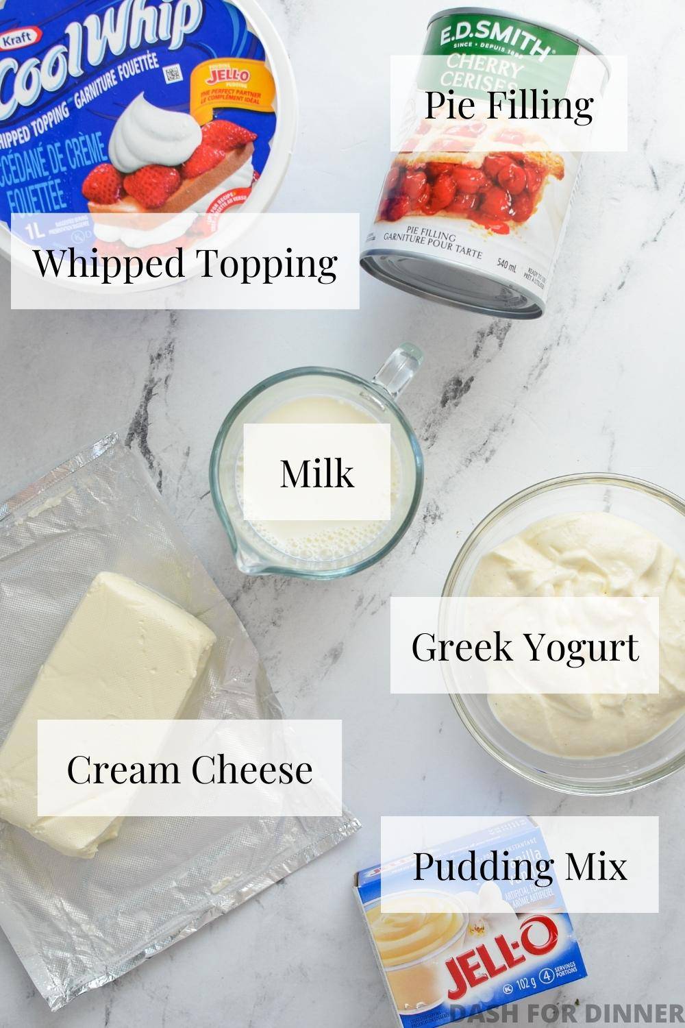 The ingredients needed to make a no bake cheesecake salad.