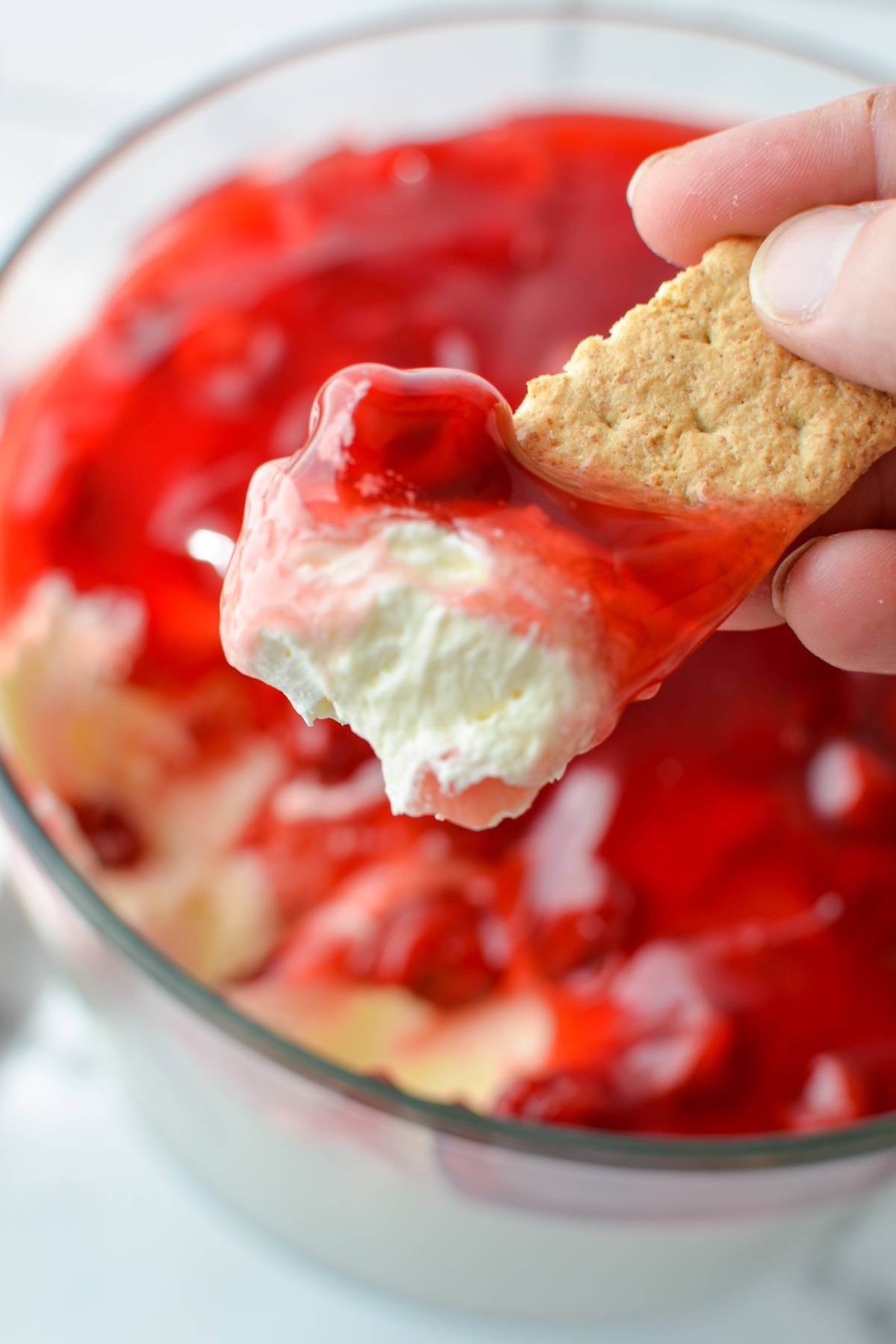 A graham cracker that has been dipped into a no bake dessert.