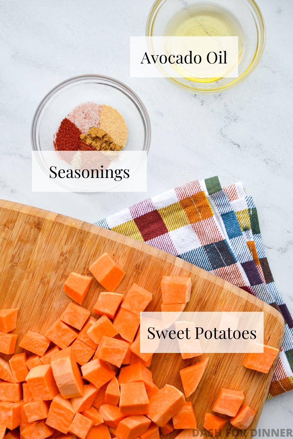 The ingredients needed to make air fryer roasted sweet potato chunks.