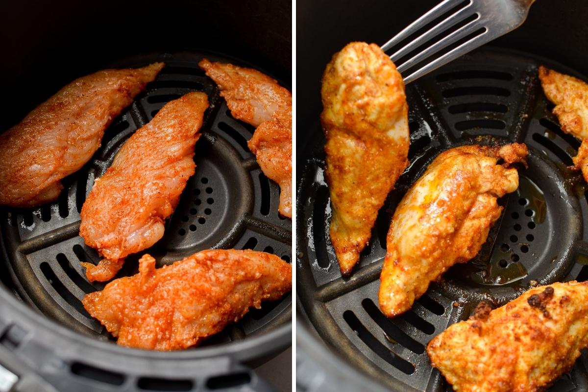 Cooking chicken tenders in an air fryer basket.