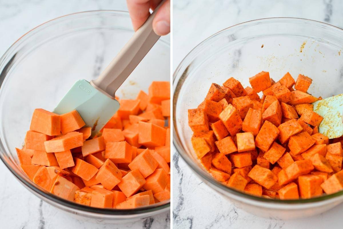 Tossing sweet potatoes with a seasoned oil.