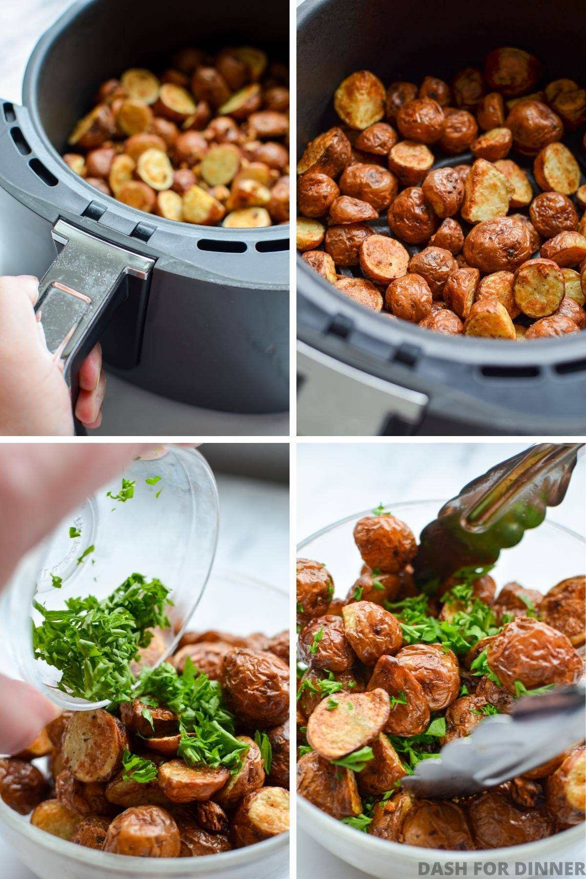 Shaking an air fryer and adding parsley to baby potatoes.