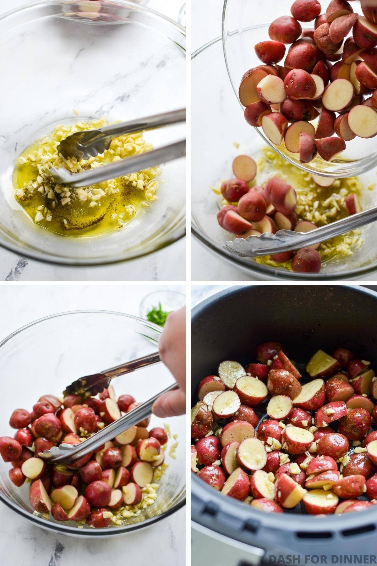 Combining baby potatoes with olive oil and adding to an air fryer basket.