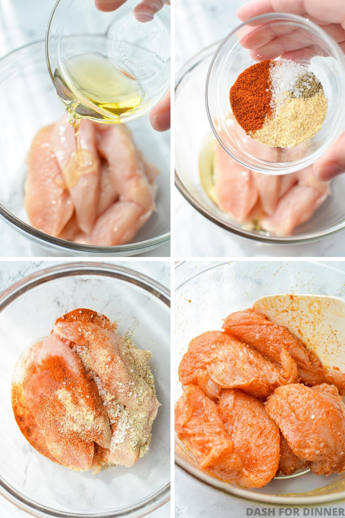 Adding oil and seasonings to chicken tenders.