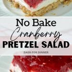 A layered pretzel salad topped with cranberries.