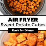 An air fryer basket with sweet potato cubes.