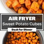 A fork taking a few sweet potato cubes from an air fryer.