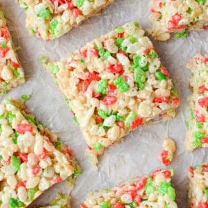 An overheat view of Christmas Rice Krispie treats cut into squares.
