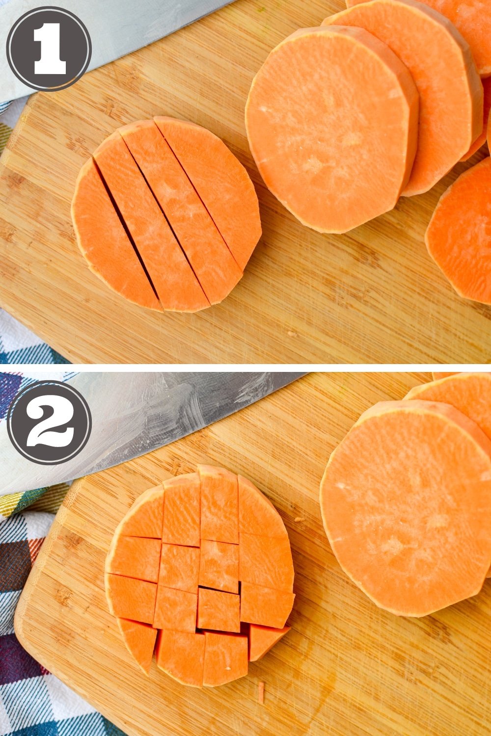 Cutting sweet potato into cubes.