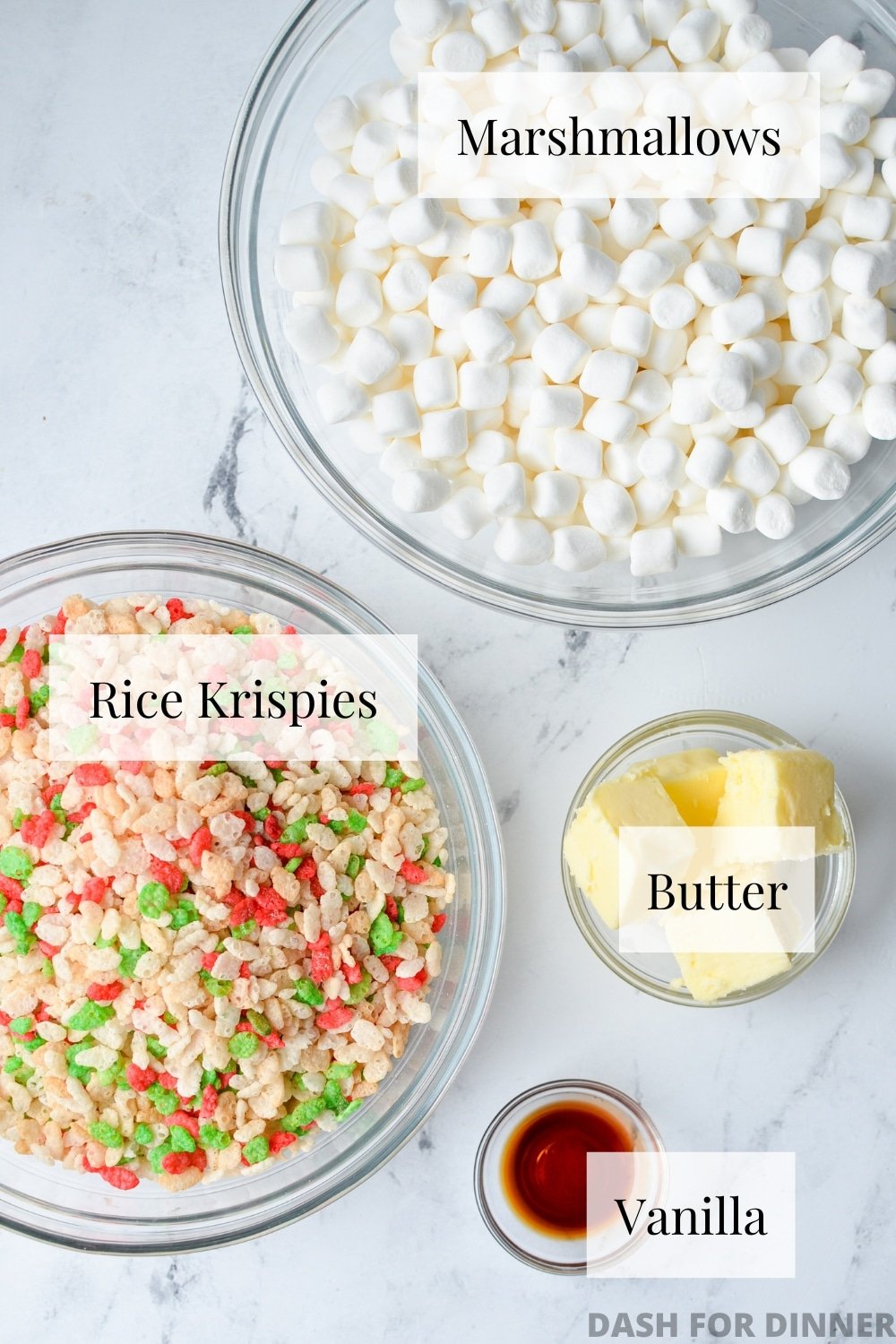 The ingredients need to make Rice Krispies treats: cereal, marshmallows, butter, and vanilla.