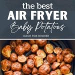 An air fryer basket with baby potatoes.