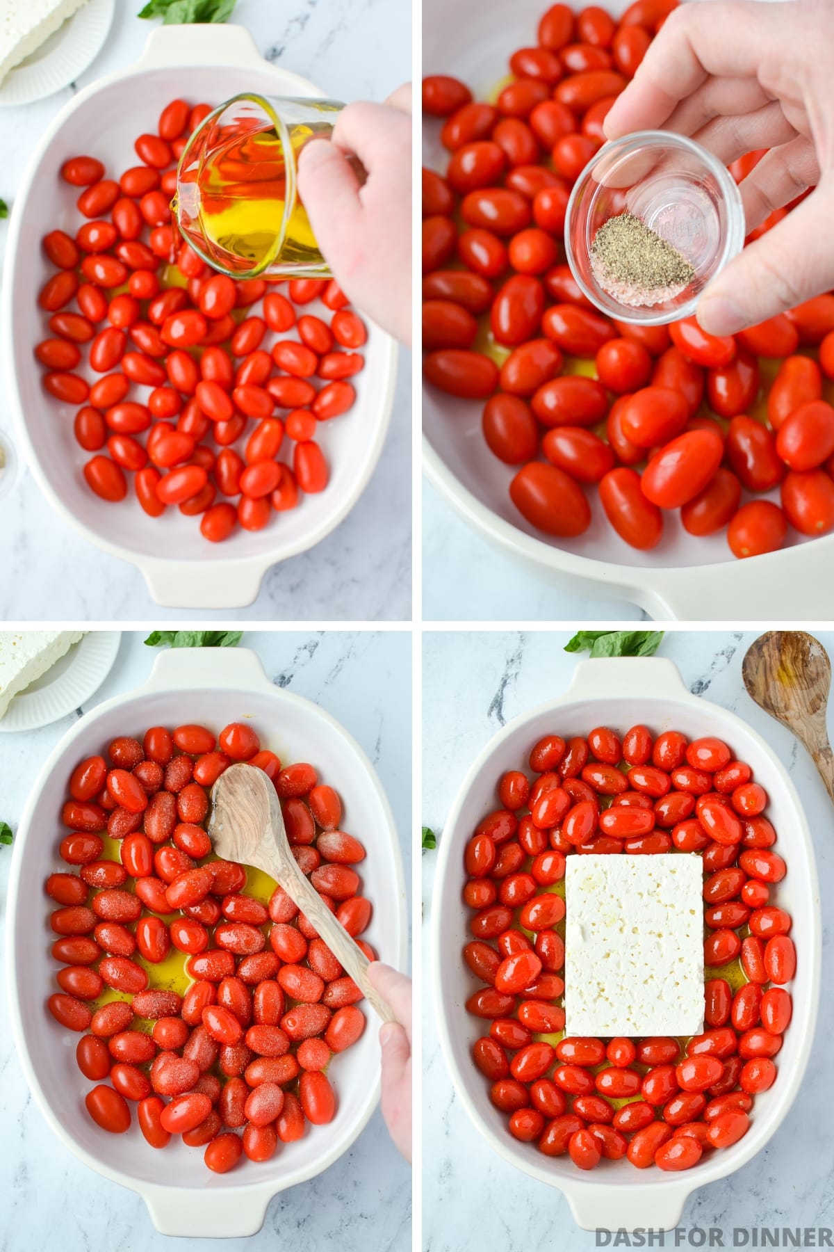 Adding tomatoes to a baking dish.