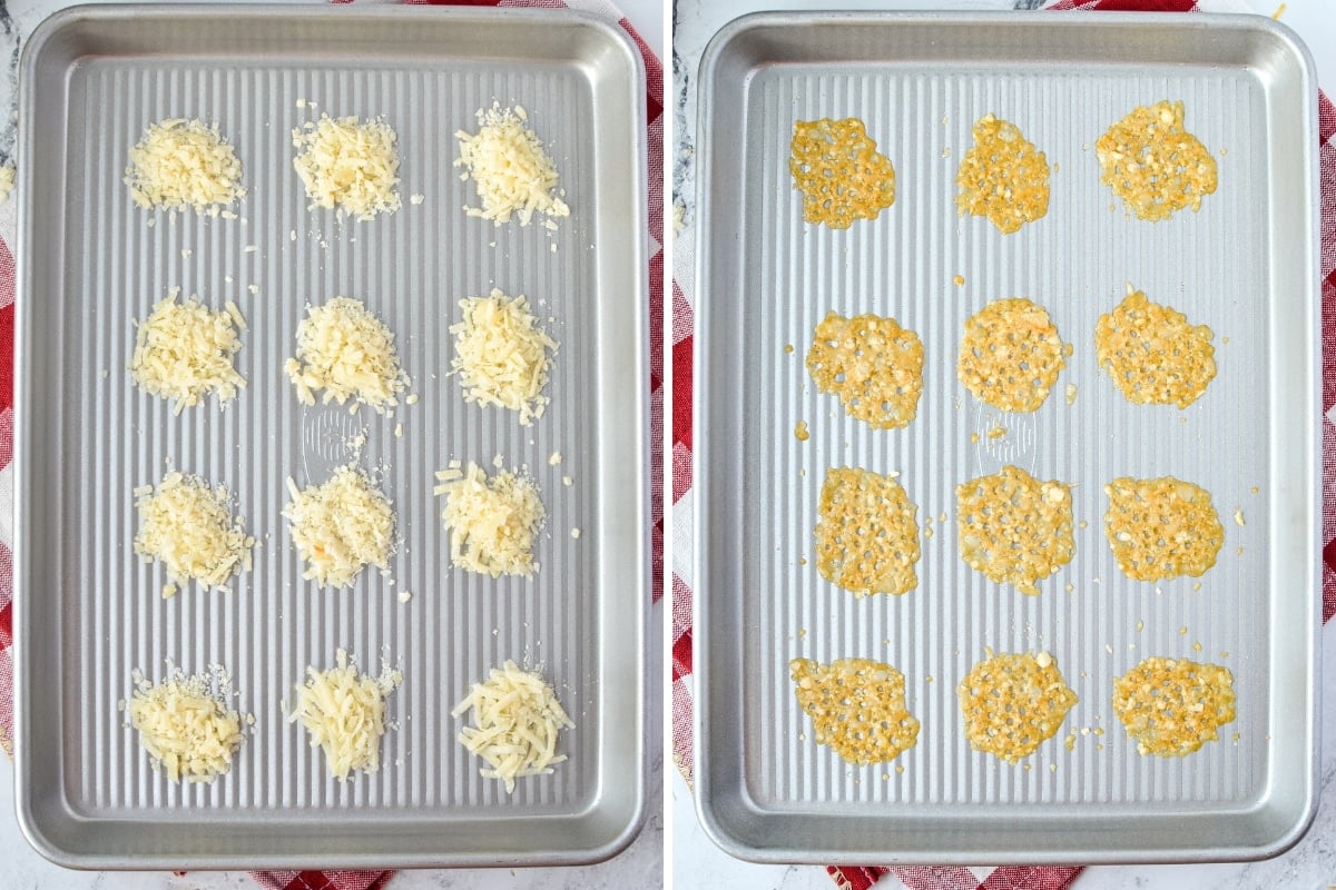 Cooking shredded parmesan on a baking sheet.