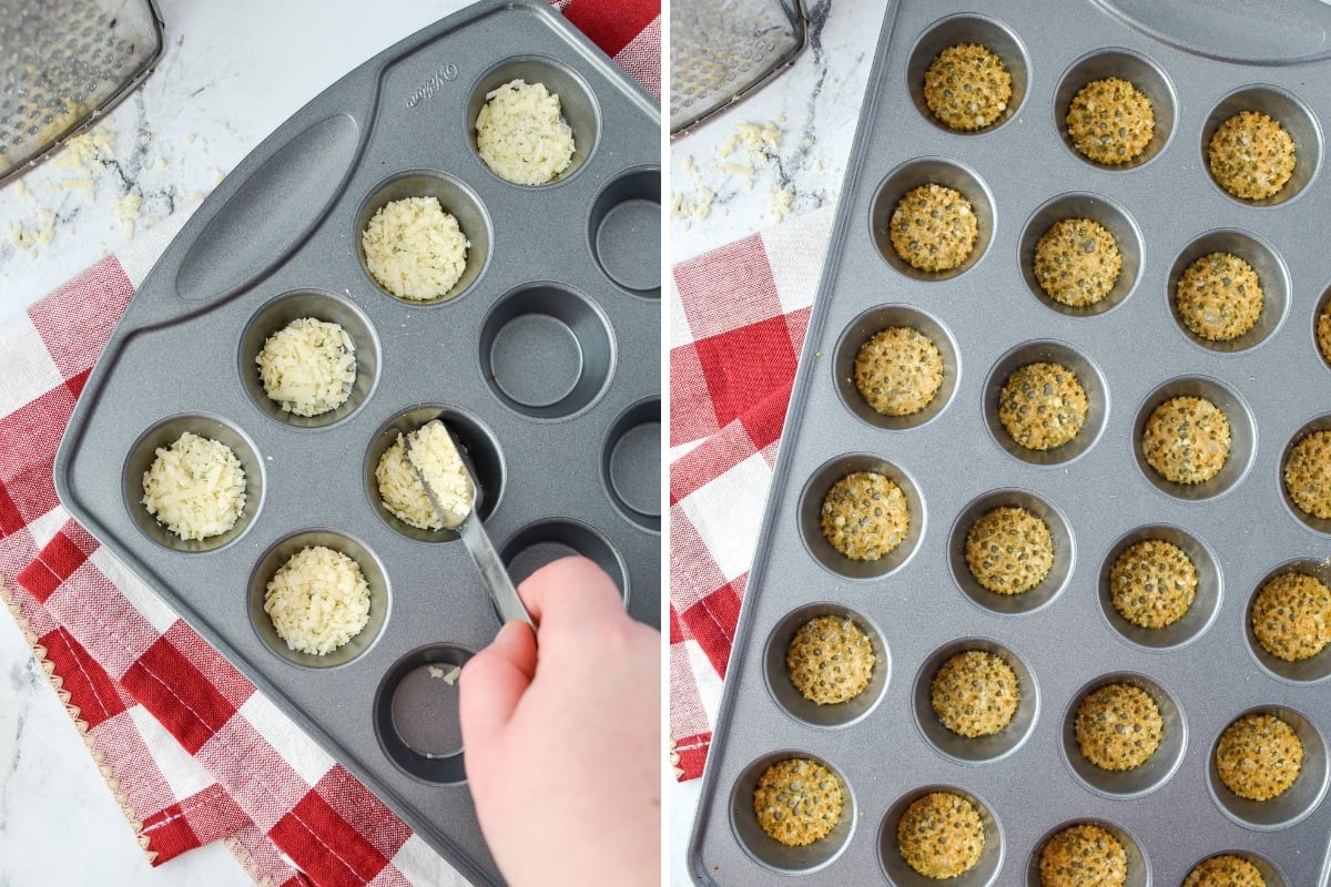 Adding shredded parmesan cheese to a mini muffin pan.