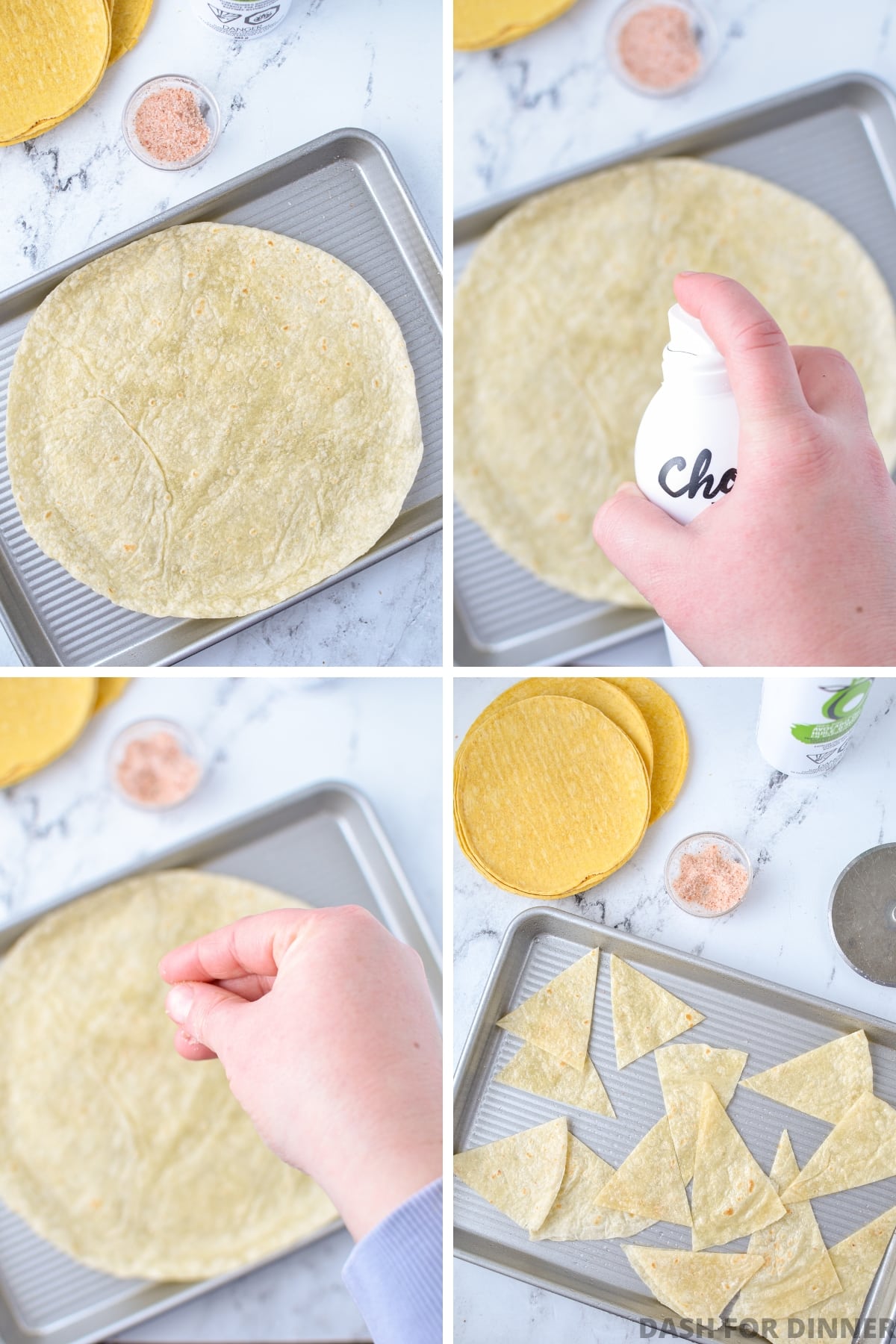 Spraying a tortilla with cooking spray, and then sprinkling with salt and cutting into triangles.