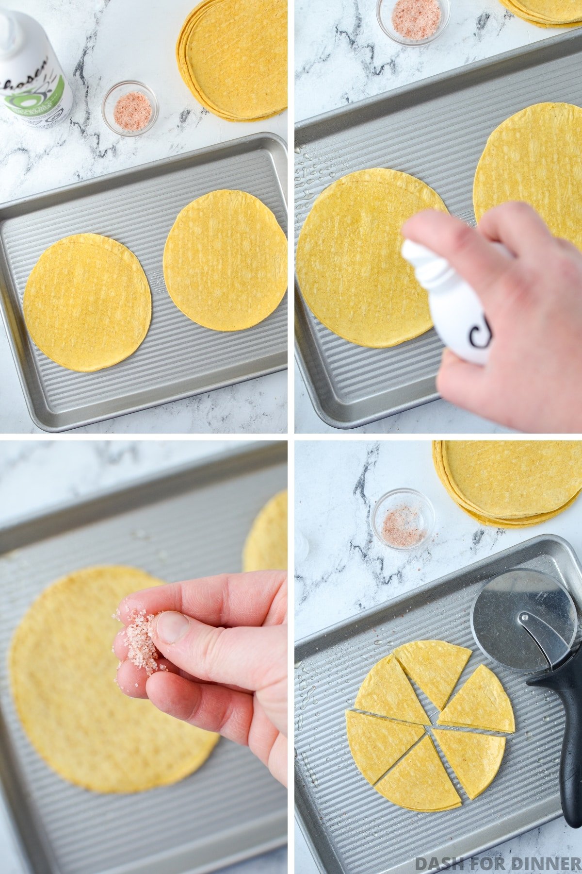 Spraying corn tortillas with cooking spray, sprinkling with salt, and cutting into triangles.