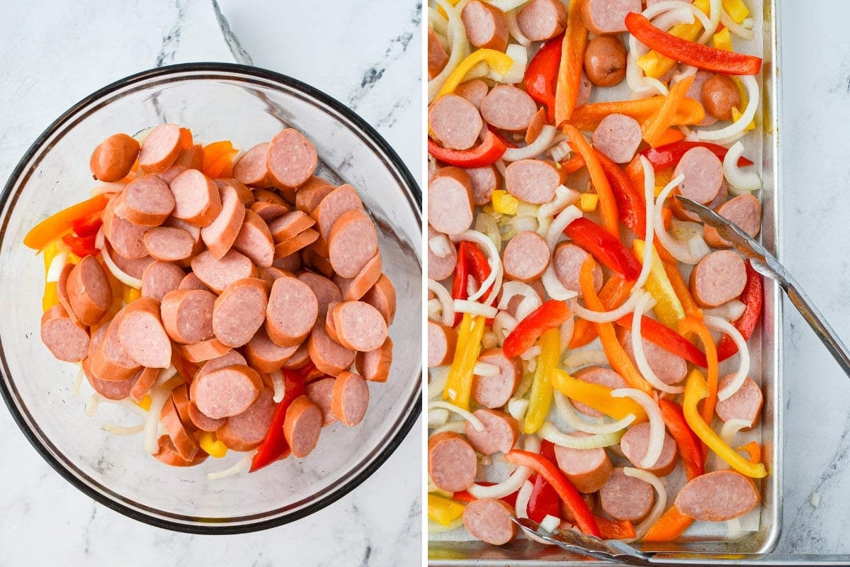A bowl with sausages, bell pepper slices, and onions.