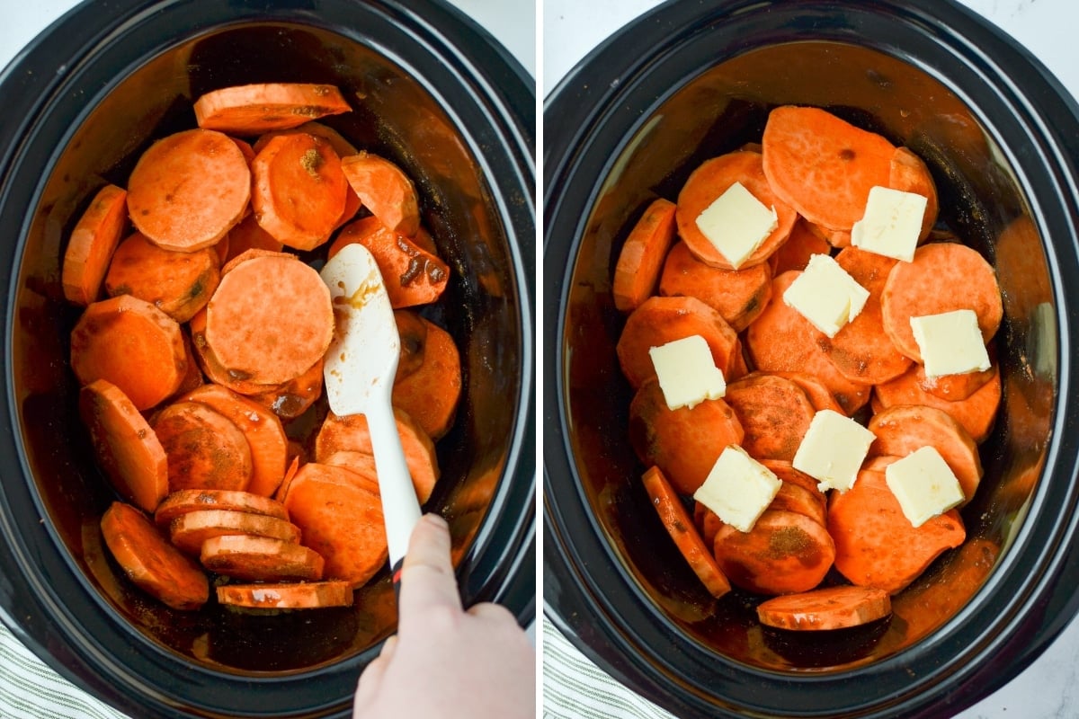 Adding butter on top of sweet potatoes in a slow cooker.