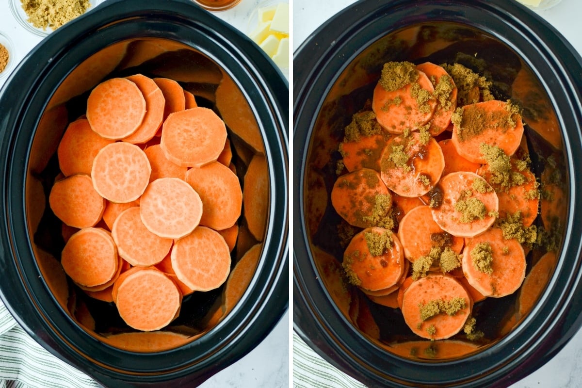 A slow cooker with sliced sweet potatoes covered in brown sugar.