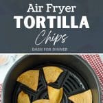 An air fryer basket with corn tortilla triangles.