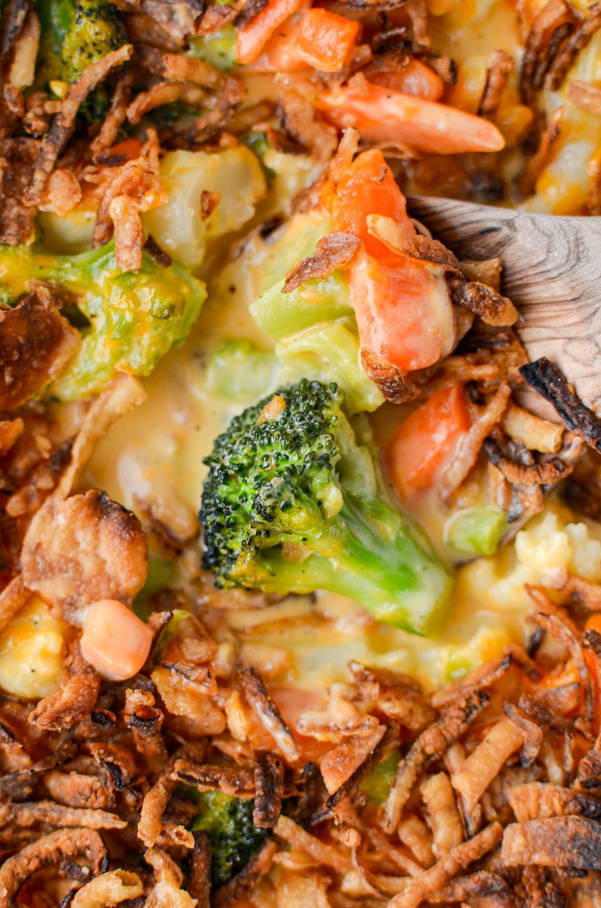 A casserole with cheese sauce and broccoli.