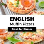An English Muffin Pizza topped with pepperoni and basil.