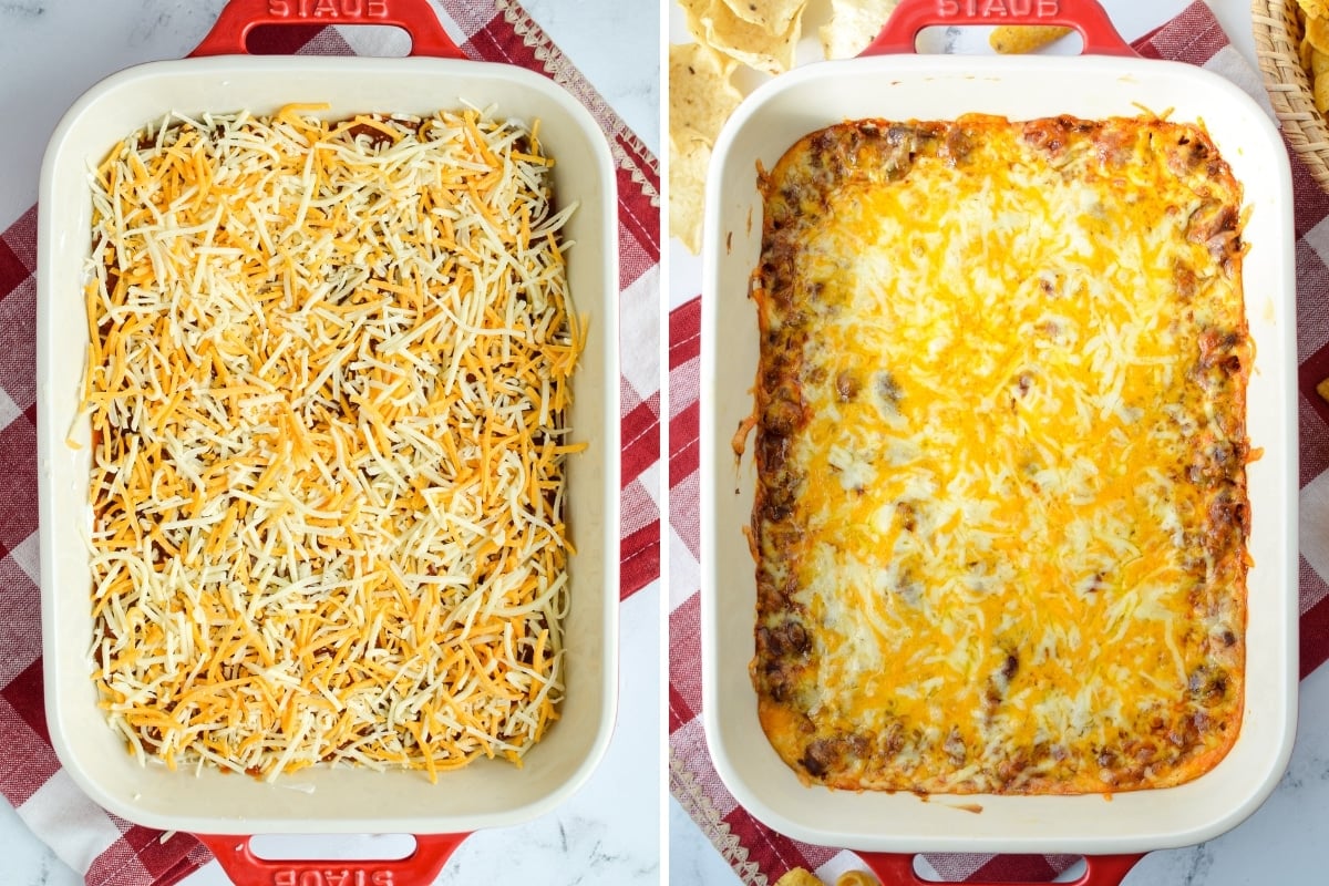 A baking dish with a cheesy dip first uncooked, and then after being baked.