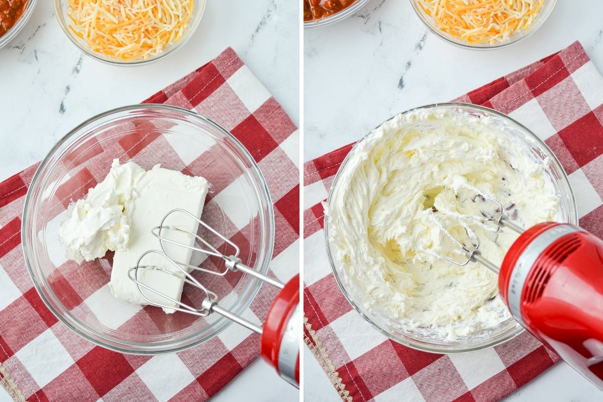Blending together sour cream and cream cheese with a hand mixer.