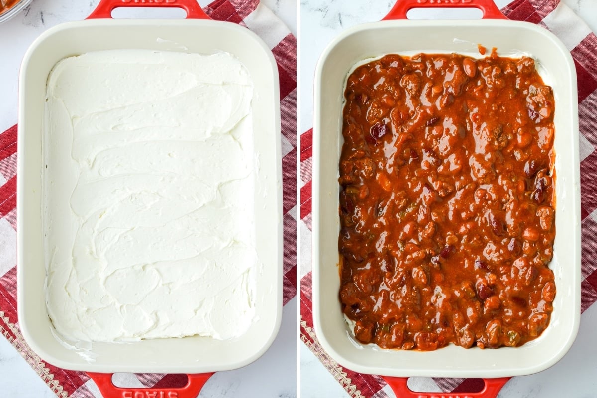 A baking dish spread with a layer of sour cream and cream cheese, then topped with chili.