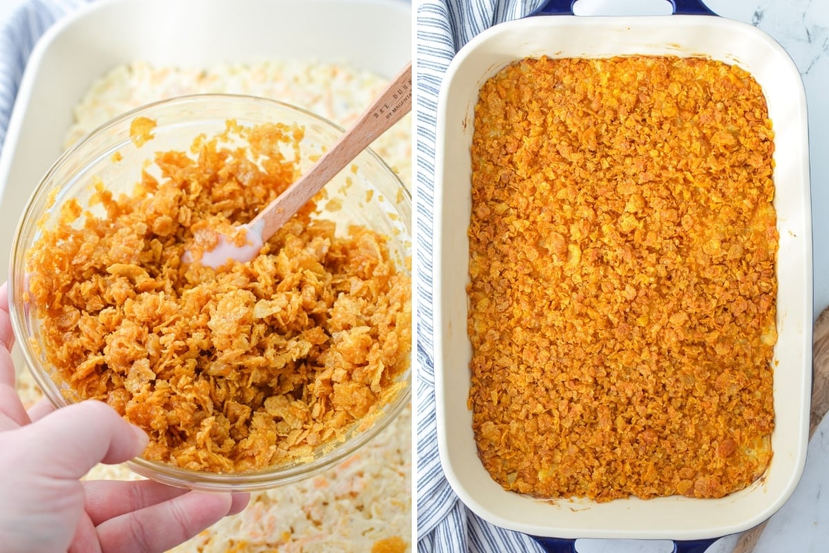 Adding crushed cornflakes on top of a casserole.