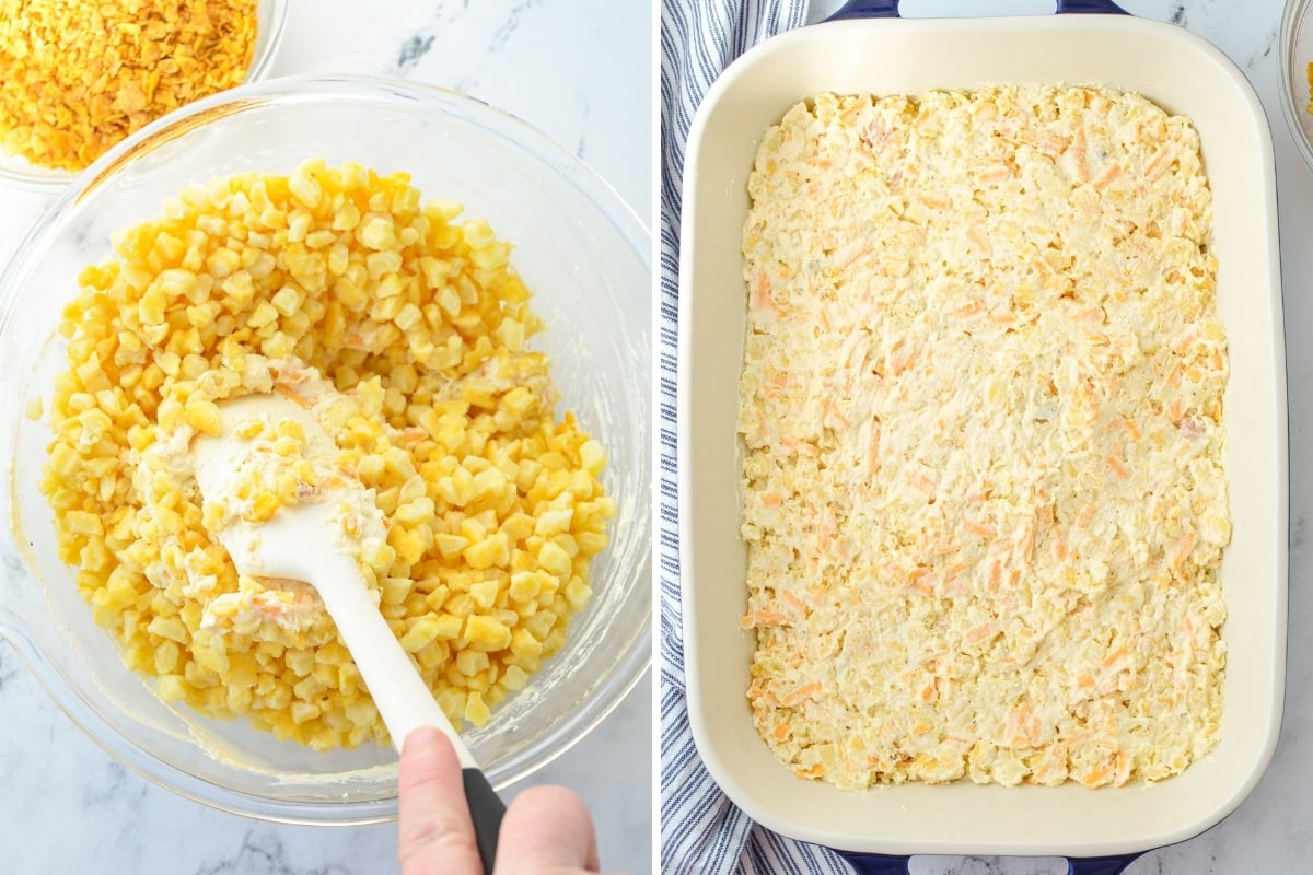 Adding creamy hash browns into a baking dish.