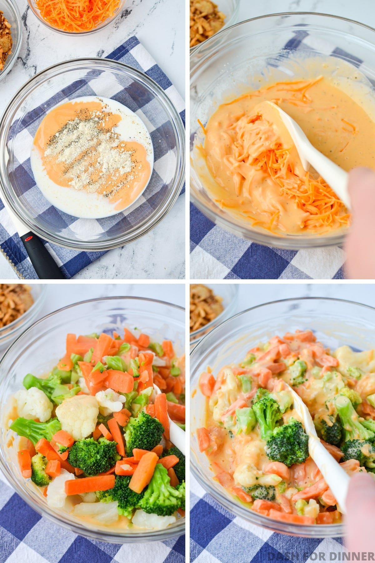 Adding cooked mixed vegetables to a cheesy sauce.